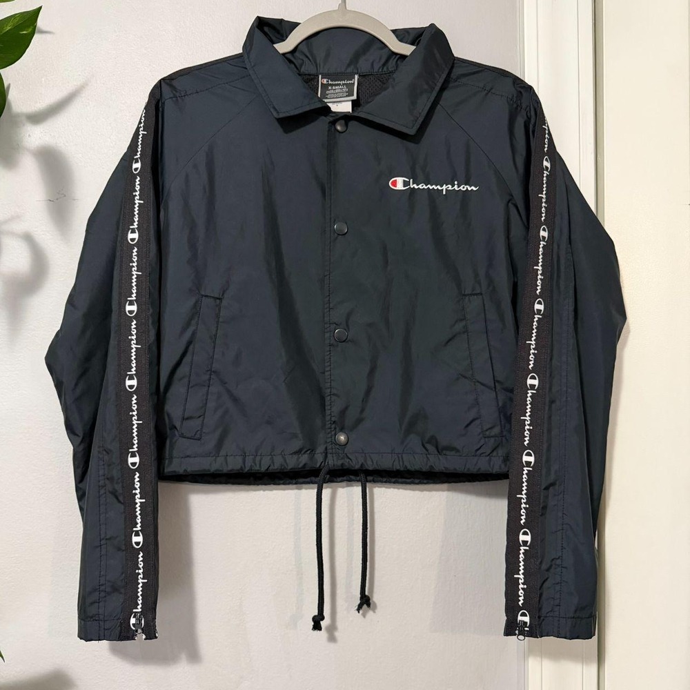 Champion Womens Navy Blue Zipper Tape Cropped Coach Jacket XS
